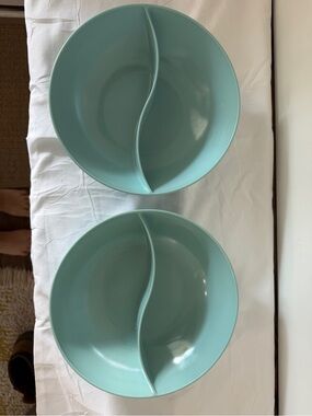 Pair Melmac Divided Serving Bowls - 1950s robin egg blue